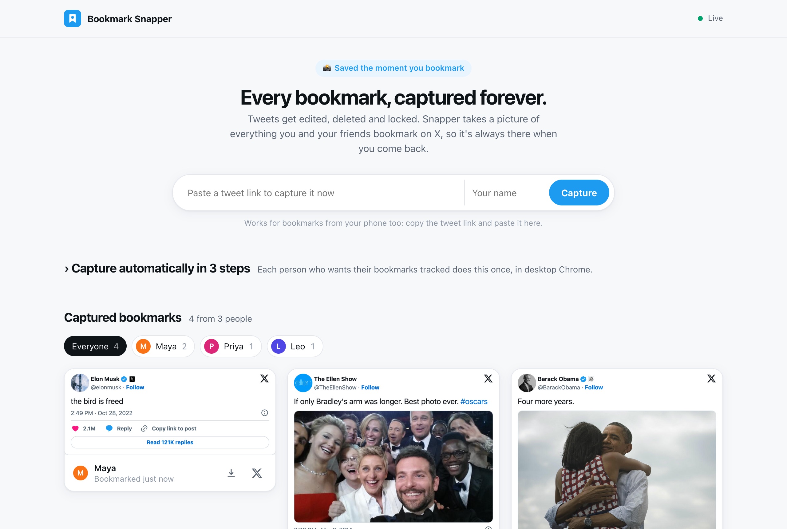 The Bookmark Snapper gallery showing screenshots of tweets bookmarked by Maya, Priya and Leo, with a box to paste a tweet link.